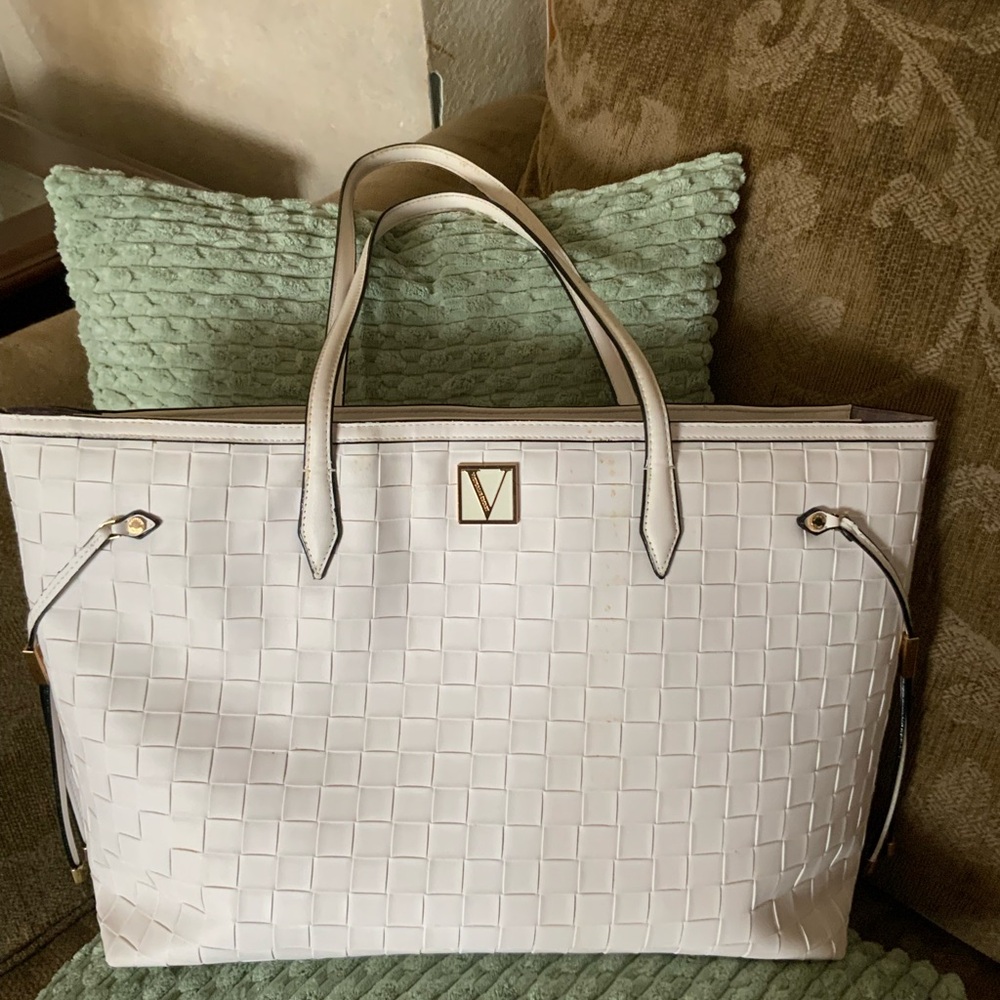 Victoria Secret White Structured Tote Bag with Textured Fabric and Gold Accents